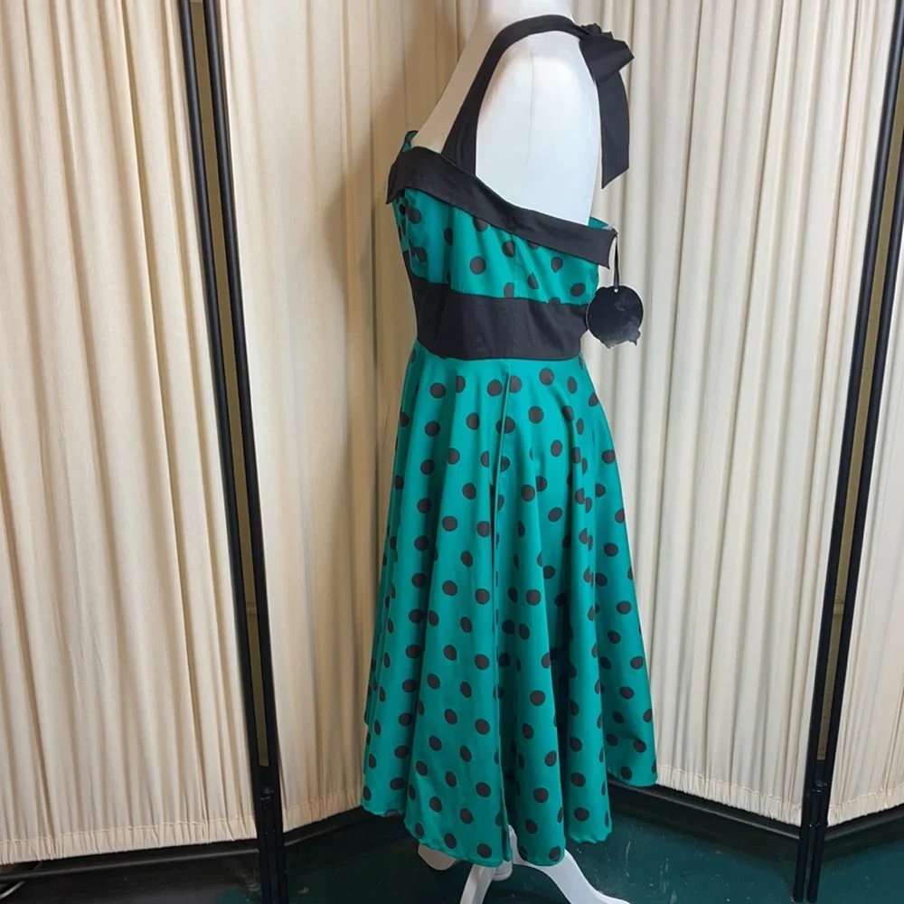 πHPπNWT- HELL BUNNY VIXEN GREEN & BLACK HALTER PINUP DRESS SIZE LARGE - Picture 9 of 15